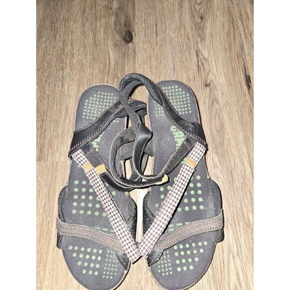 Camper Wedge Strappy Sandals Sz 37 US 7 EUC Brown Leather Fabric Patterned - Picture 4 of 8